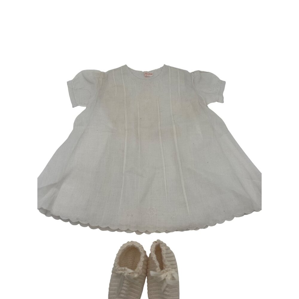 Handmade Vintage Baby Dress Set 1 Yr With Slip & Crocheted Booties Cotton Made I